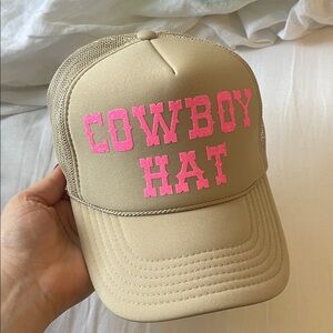 Beige Trucker Hat with Pink 'COWBOY HAT' Text